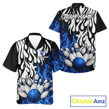Load image into Gallery viewer, Black, White and Blue Flame Bowling Hawaiian Jersey Custom Bowling Team Button-up Shirts NQS11739