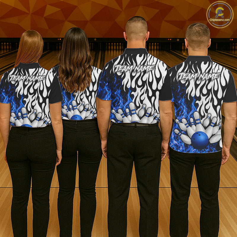 Black, White and Blue Flame Bowling Polo, Quarter Zip Shirts For Men Custom Bowling Team Jerseys NQS11739