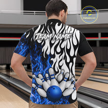 Load image into Gallery viewer, Black, White and Blue Flame Bowling Polo, Quarter Zip Shirts For Men Custom Bowling Team Jerseys NQS11739