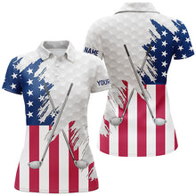 Load image into Gallery viewer, American flag golf clubs patriotic custom name white Womens golf polo shirts, team ladies golf tops NQS7470
