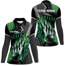 Load image into Gallery viewer, Black and Green Bowling ball pins Polo, Quarter Zip shirt for women Custom Bowling Team League Jerseys NQS7627