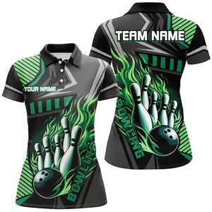 Black and Green Bowling ball pins Polo, Quarter Zip shirt for women Custom Bowling Team League Jerseys NQS7627