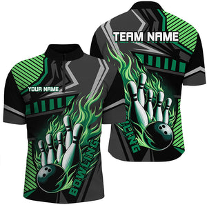 Black and Green Bowling ball pins Polo, Quarter Zip shirt for men Custom Bowling Team League Jerseys NQS7627