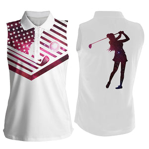 Women's sleeveless golf polo shirt pink galaxy American flag patriotic white golf shirt NQS3473