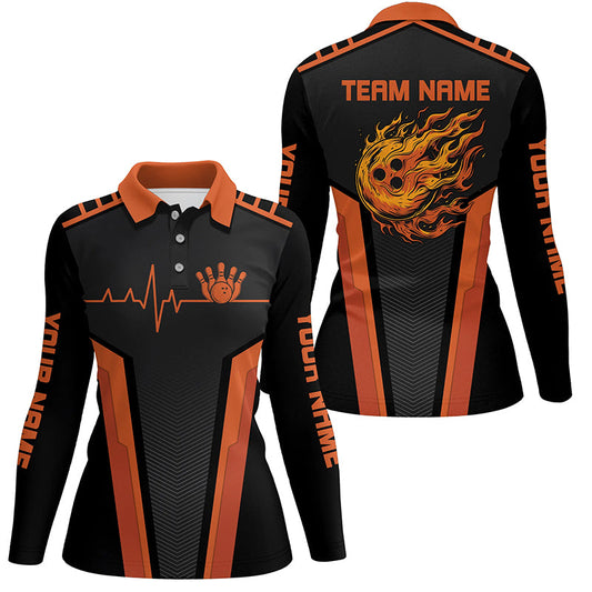 Black and orange Flame Bowling shirts for Women custom Bowling Ball Pins heartbeat team bowling shirts NQS7827