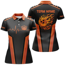 Load image into Gallery viewer, Black and orange Flame Bowling shirts for Women custom Bowling Ball Pins heartbeat team bowling shirts NQS7827