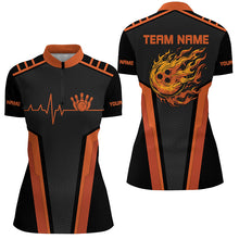 Load image into Gallery viewer, Black and orange Flame Bowling shirts for Women custom Bowling Ball Pins heartbeat team bowling shirts NQS7827