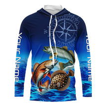 Load image into Gallery viewer, Personalized Redfish, trout, flounder Blue Performance Fishing Shirt, compass inshore tournament Shirt NQS5941