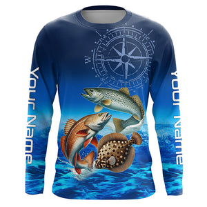 Personalized Redfish, trout, flounder Blue Performance Fishing Shirt, compass inshore tournament Shirt NQS5941