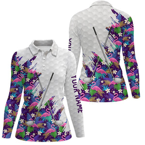 Purple Flamingo tropical pattern custom white Womens golf polo shirts, team ladies golf tops NQS8050