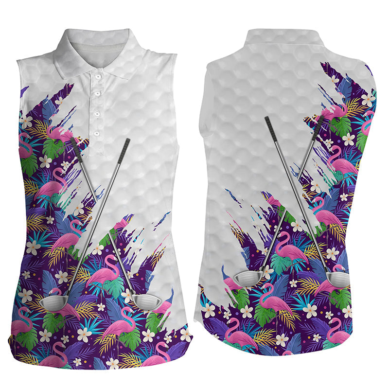 Purple Flamingo tropical pattern white Womens sleeveless polo shirts, team ladies golf tops NQS8050