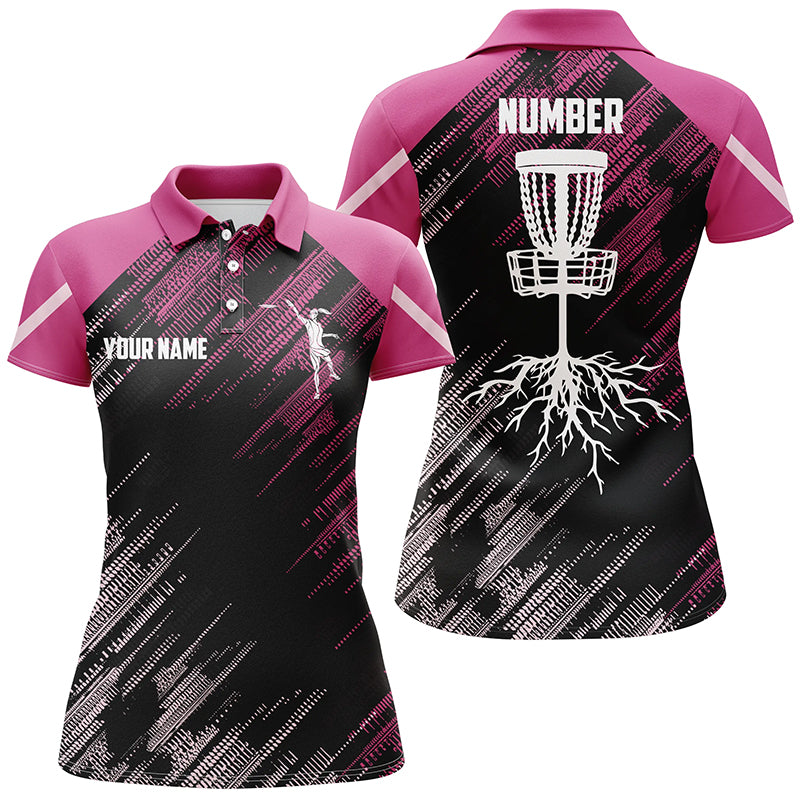 Pink Disc golf basket camo custom name & number Womens polo shirts, ladies disco golf outfit NQS6140