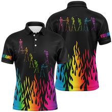 Load image into Gallery viewer, Rainbow flame golf skeleton custom black Mens golf polo shirts, black mens golf shirt NQS6144