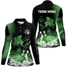 Load image into Gallery viewer, Black and Green Flame Bowling Shirts For Women Custom Bowling Team League Jerseys, Gift For Bowlers NQS8473