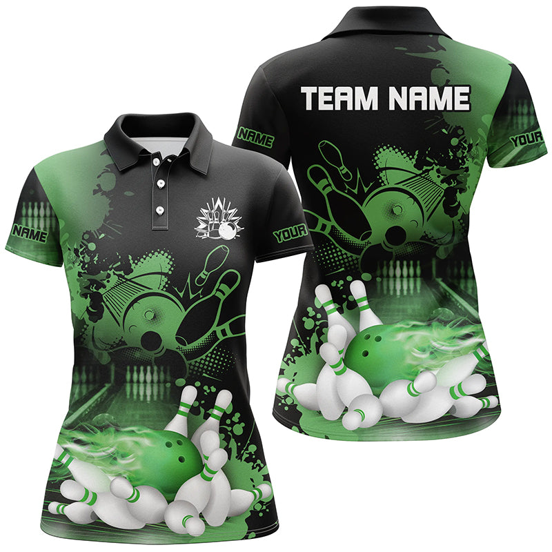 Black and Green Flame Bowling Shirts For Women Custom Bowling Team League Jerseys, Gift For Bowlers NQS8473