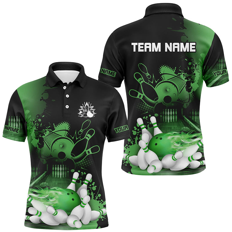 Black and Green Flame Bowling Shirts For Men Custom Bowling Team League Jerseys, Gift For Bowlers NQS8473