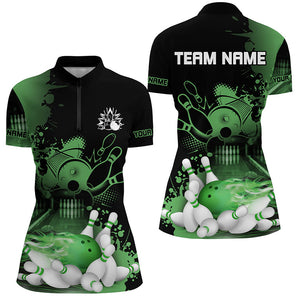 Black and Green Flame Bowling Shirts For Women Custom Bowling Team League Jerseys, Gift For Bowlers NQS8473