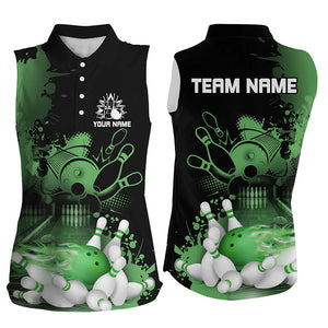 Black and Green Flame Bowling Sleeveless Polo Shirt Custom Bowling Team League Jersey, Gift For Bowler NQS8473