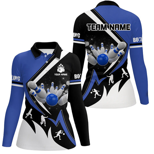 Black, White and Blue Womens Bowling Shirts Custom Bowling Team League Jerseys, Gifts For Bowlers NQS8719