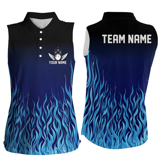 Blue Flame Fire Bowling Sleeveless Polo Shirts Custom Bowling Team League Jerseys, Bowling Outfits NQS8724