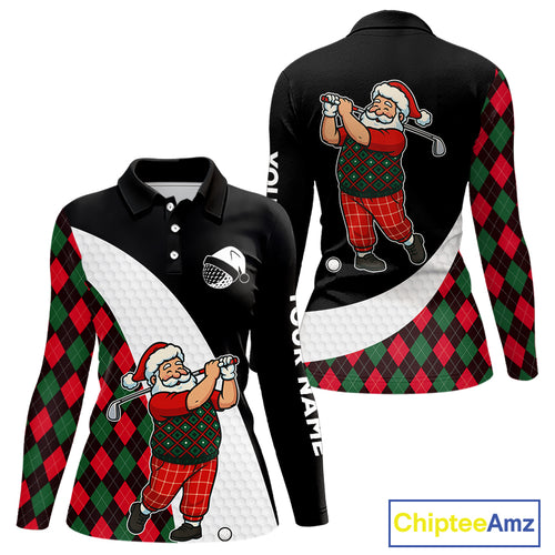 Funny Santa Golf Christmas Womens Polo Shirt green and red argyle pattern Custom Ladies Golf outfit NQS11053