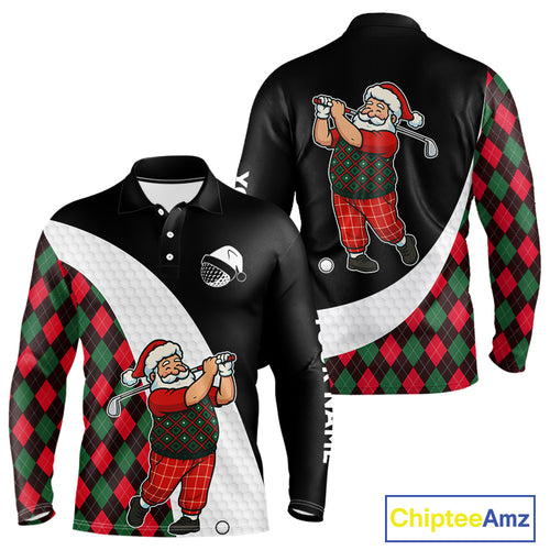 Funny Santa Golf Christmas Mens Polo Shirt green and red argyle pattern Custom Golf outfit For Men NQS11053