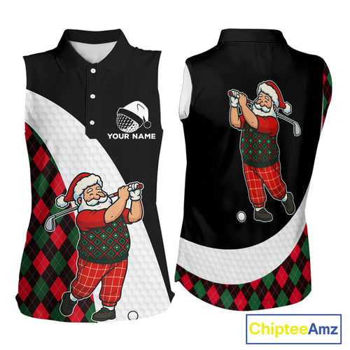 Funny Santa Golf Christmas Sleeveless Polo Shirt green & red argyle pattern Custom Ladies Golf outfit NQS11053