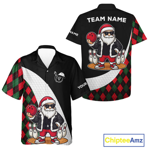 Funny Santa Christmas Bowling Hawaiian Shirts green & red argyle pattern Custom Team Bowling outfit NQS11054