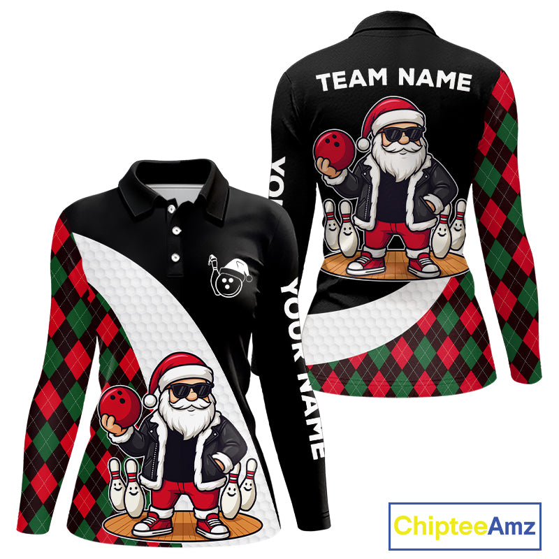 Funny Santa Christmas Bowling Shirts For Women green & red argyle pattern Custom Team Bowling outfit NQS11054