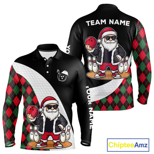 Funny Santa Christmas Bowling Shirts For Men green and red argyle pattern Custom Team Bowling outfit NQS11054