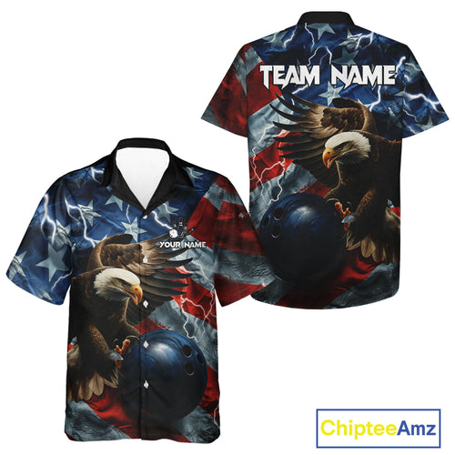 American Flag Eagle Lightning Thunder Hawaiian Bowling Jersey Custom Patriotic Bowling Team Shirt NQS11059