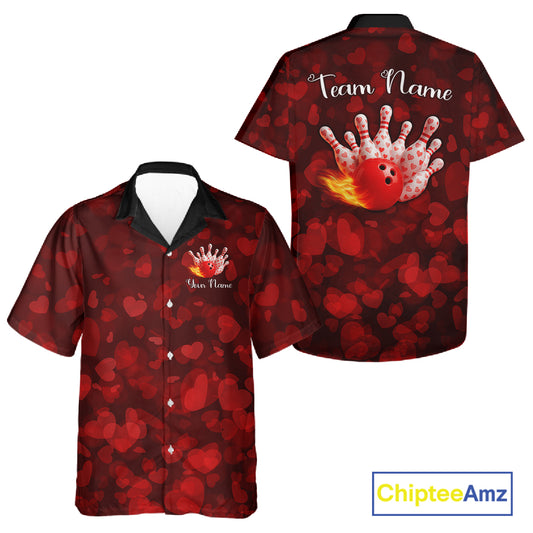 Red Hearts pattern Valentine Bowling Hawaiian shirts Custom Bowling Couple Outfits NQS11251