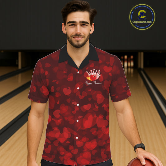 Red Hearts pattern Valentine Bowling Hawaiian shirts Custom Bowling Couple Outfits NQS11251
