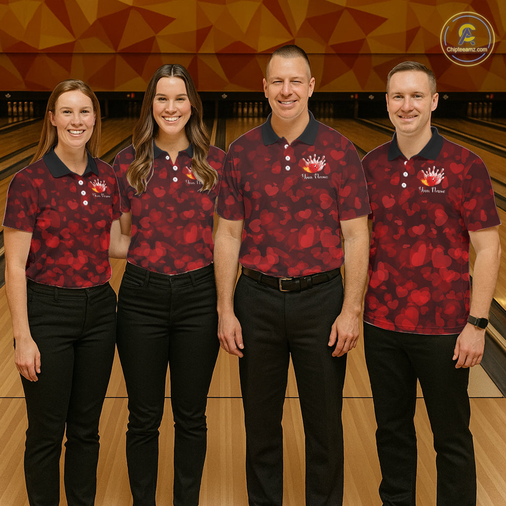 Red Hearts pattern Valentine Bowling Polo, 1/4 zip Shirts For Women Custom Bowling Couple Outfits NQS11251