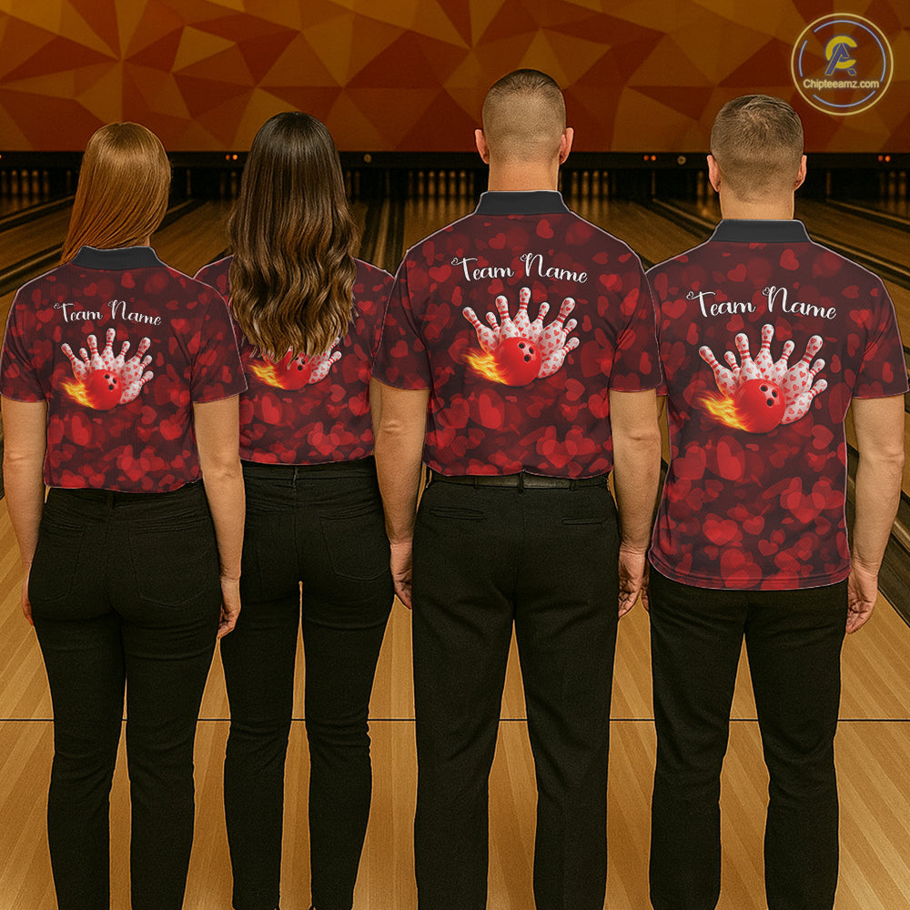 Red Hearts pattern Valentine Bowling Polo, 1/4 zip Shirts For Women Custom Bowling Couple Outfits NQS11251