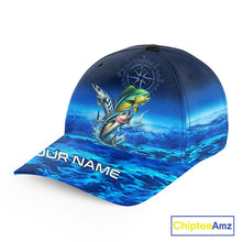 Load image into Gallery viewer, Personalized Mahi Mahi, Wahoo, Tuna Blue fishing hat, compass offshore tournament Angler hat cap NQS11252