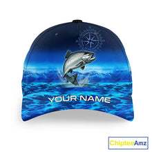 Load image into Gallery viewer, Personalized Salmon Blue sea fishing hat, compass Salmon tournament Angler hat cap NQS11254