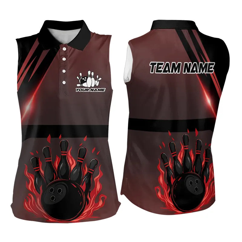 Black And Red Flame Bowling Ball and pins Bowling Sleeveless Polo Shirt Custom Team Bowling Jerseys NQS9387