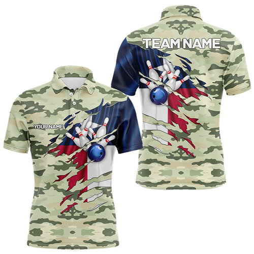 Texas Flag Green Camo Bowling Polo, Quarter Zip shirts for Men custom Texas Bowling Team Jerseys NQS9536