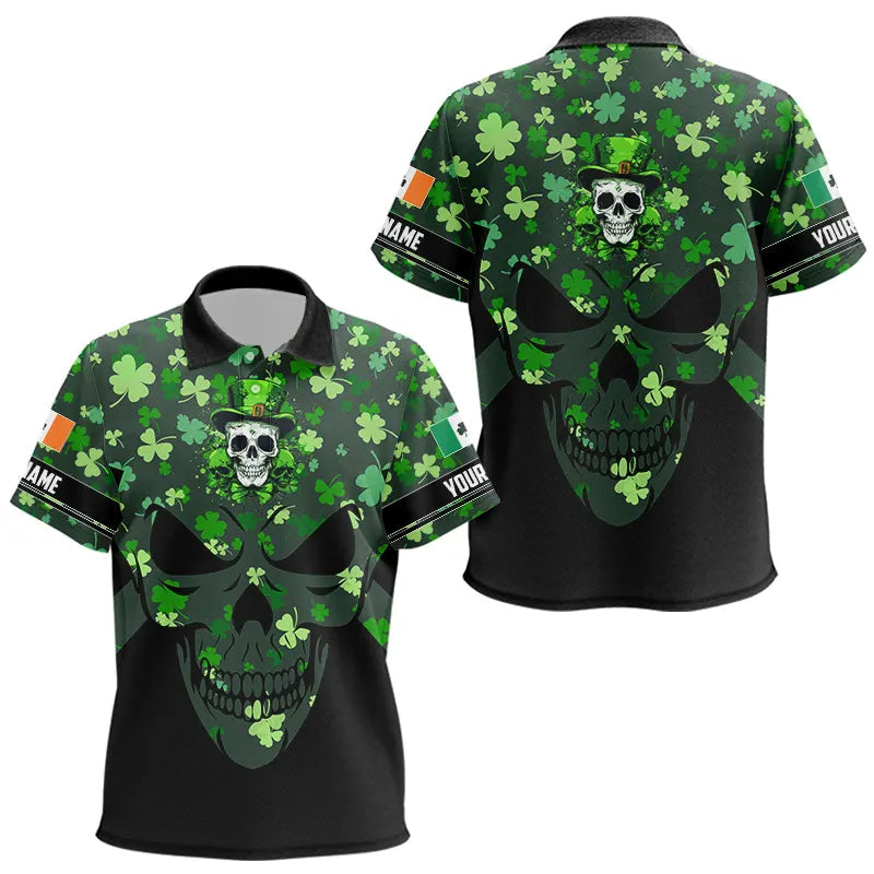 Personalized Green shamrock pattern Skull Kid golf polo shirts Custom St Patrick day golf tops for Kid NQS9542