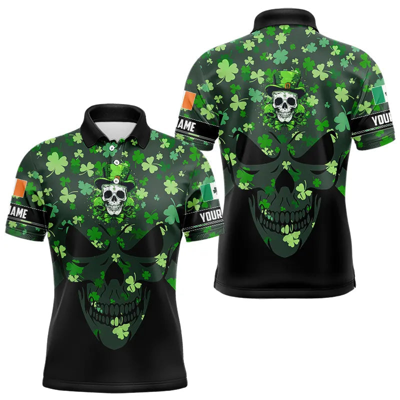 Personalized Green shamrock pattern Skull Men golf polo shirts Custom St Patrick day mens golf tops NQS9542