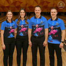 Load image into Gallery viewer, Funny Pink Flamingo Bowling Polo, 1/4 zip shirts for Men Custom Flamingo Team bowling outfit | Blue NQS11653