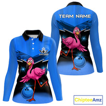 Load image into Gallery viewer, Funny Pink Flamingo Bowling Polo, 1/4 zip shirts for Women Custom Flamingo Team bowling outfit | Blue NQS11653