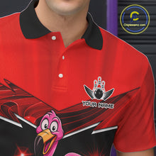 Load image into Gallery viewer, Funny Pink Flamingo Bowling Polo, 1/4 zip shirts for Men Custom Flamingo Team bowling outfit | Red NQS11654