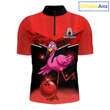 Load image into Gallery viewer, Funny Pink Flamingo Bowling Polo, 1/4 zip shirts for Men Custom Flamingo Team bowling outfit | Red NQS11654