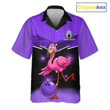 Load image into Gallery viewer, Funny Pink Flamingo Bowling Hawaiian Shirt Custom Flamingo Team bowling button-up shirt | Purple NQS11655