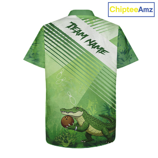 Funny Alligator Bowling Button-up Shirts Custom Alligator Bowling Team Hawaiian Jerseys | Green NQS11742