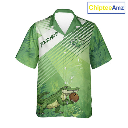 Funny Alligator Bowling Button-up Shirts Custom Alligator Bowling Team Hawaiian Jerseys | Green NQS11742
