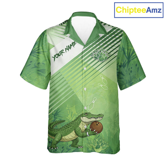 Funny Alligator Bowling Button-up Shirts Custom Alligator Bowling Team Hawaiian Jerseys | Green NQS11742