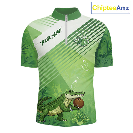 Funny Alligator Bowling Polo, 1/4 Zip Shirts For Men Custom Alligator Bowling Team Jerseys | Green NQS11742